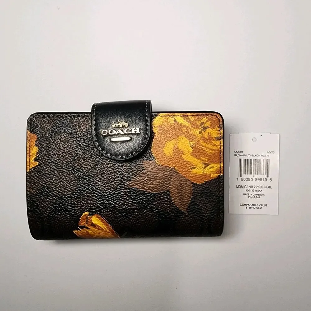NWT COACH CLL69 Medium Corner Zip Wallet W/Floral Print Black/Gold